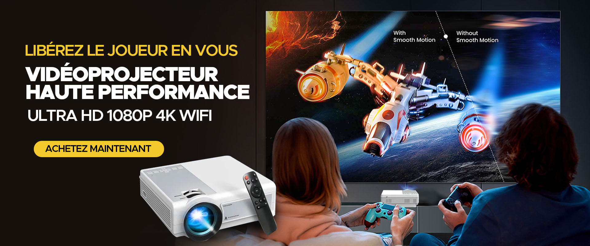 Deux personnes jouant aux jeux vidéo avec des consoles, diffusés par un vidéoprojecteur portable.